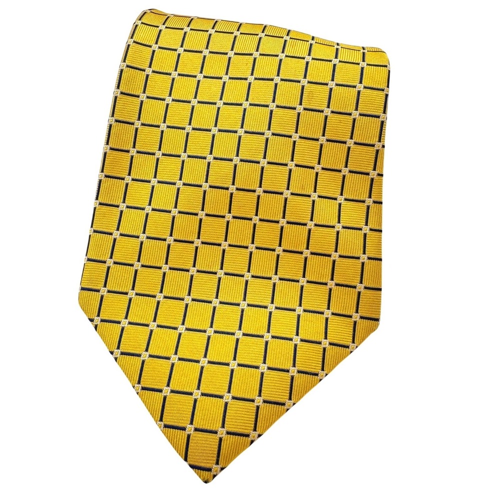 Brooks‎ Brothers Tie 58" Yellow Blue Grid Stain Resistant Silk Made in USA Italy